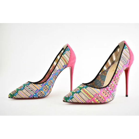 Christian Louboutin Follies Lace 100 Pink Black Hippie Suede Mesh Heel Pump 35.5 - Picture 10 of 12